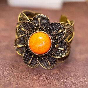 7 inch, Vintage Orange Bead Floral Intricate Cuff Bracelet - BX9